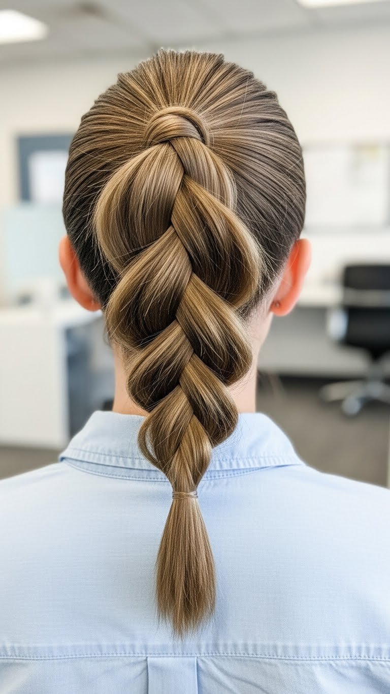 Polished French braid ponytail hairstyle on medium length hair with intricate weaving and clean finish