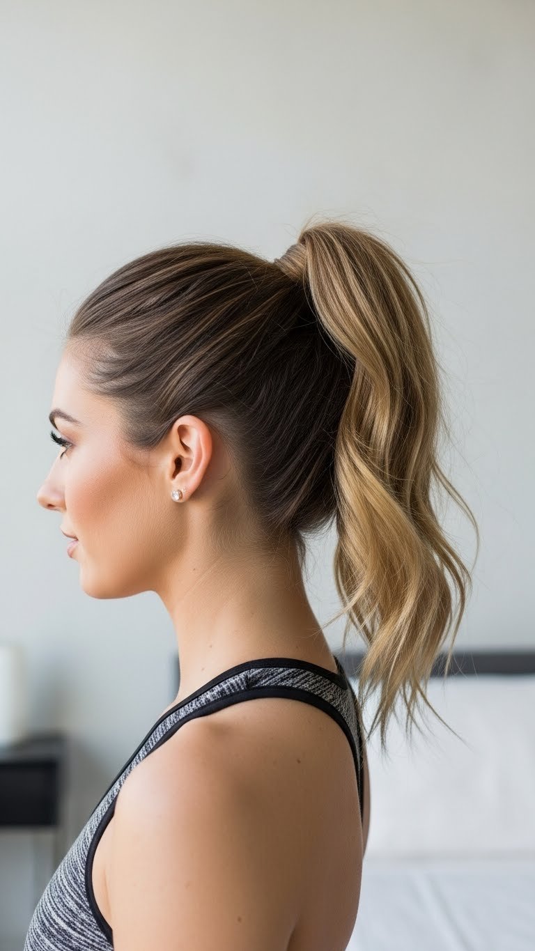 Polished high ponytail hairstyle on medium length hair with smooth volume at crown in minimalist room setting