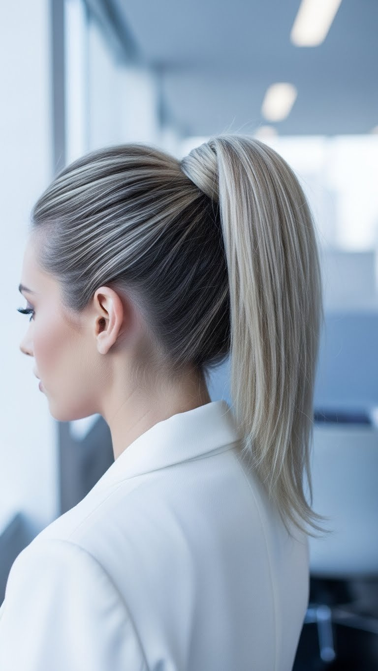 Polished high ponytail hairstyle sitting high on crown with smooth bump-free finish in minimalist office background.