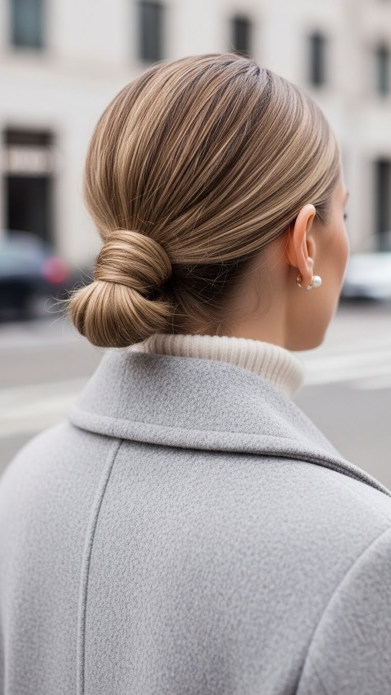 Polished low ponytail hairstyle with refined detail against cashmere sweater for sophisticated winter styling