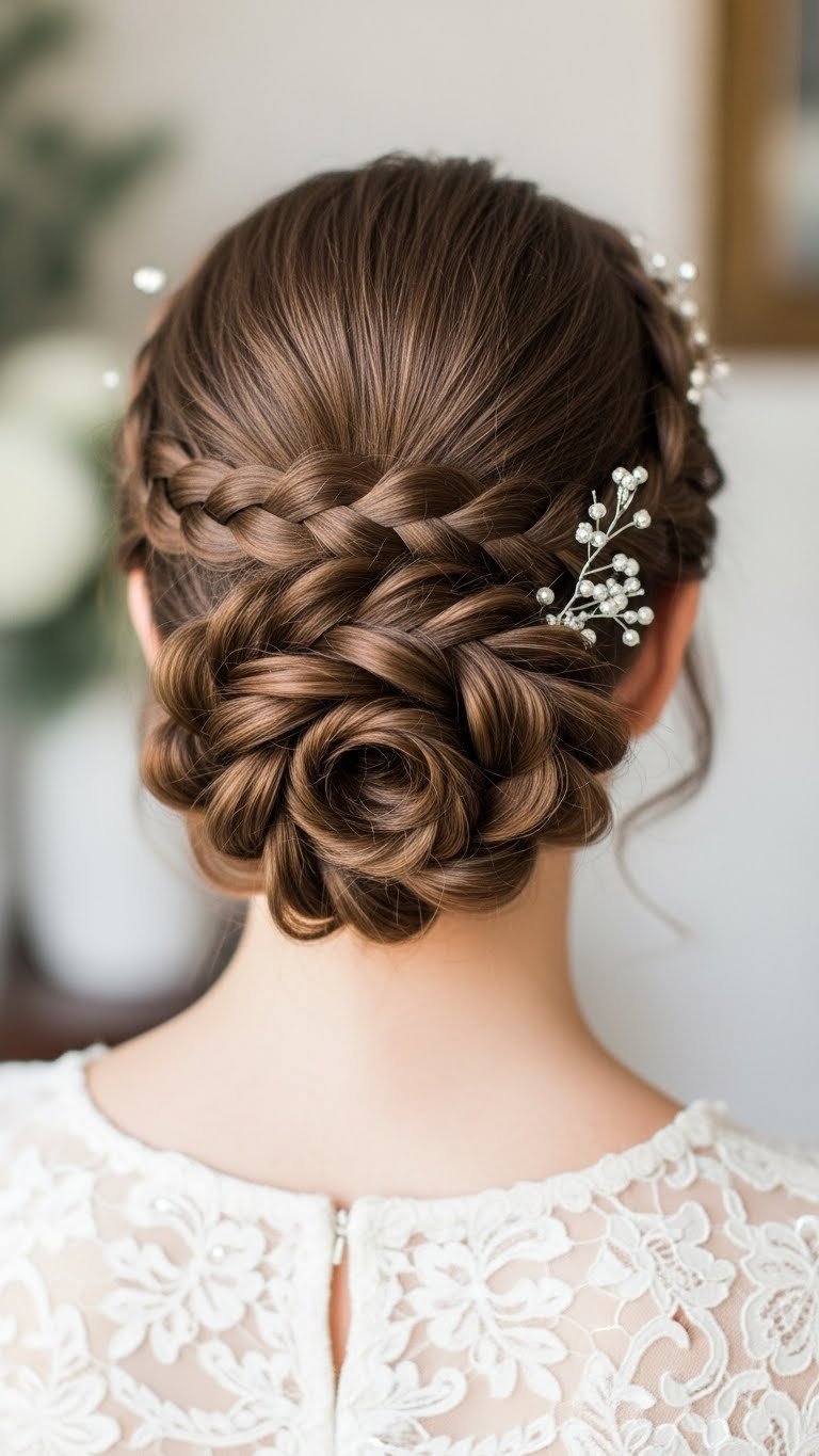 Polished triple braid updo hairstyle with intricate intertwined braids and sophisticated bun detail.