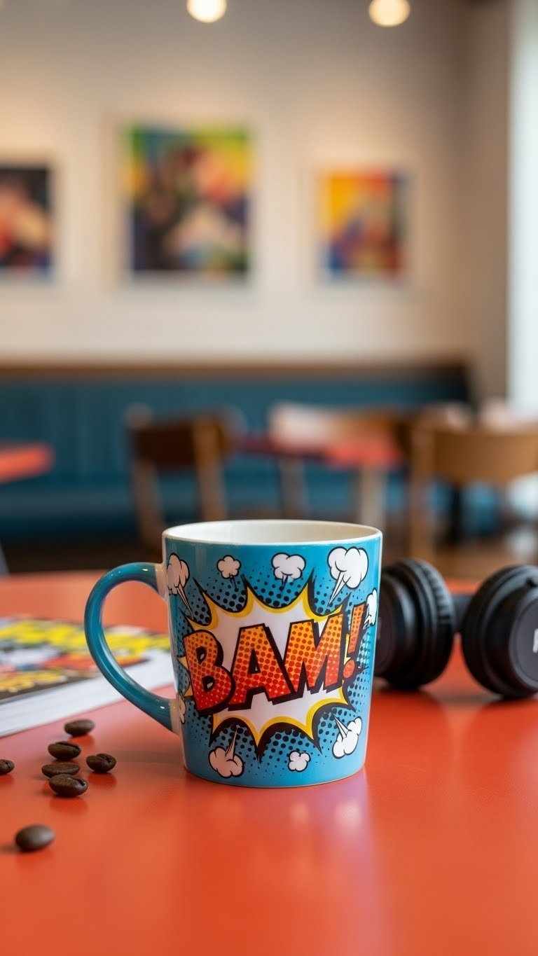 Pop-art comic ceramic mug with bold colorful comic book design on vibrant cafe table background