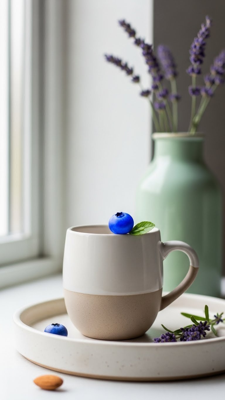 Pop of color accent blueberry painted mug with vibrant berry on neutral ceramic against minimalist tray background