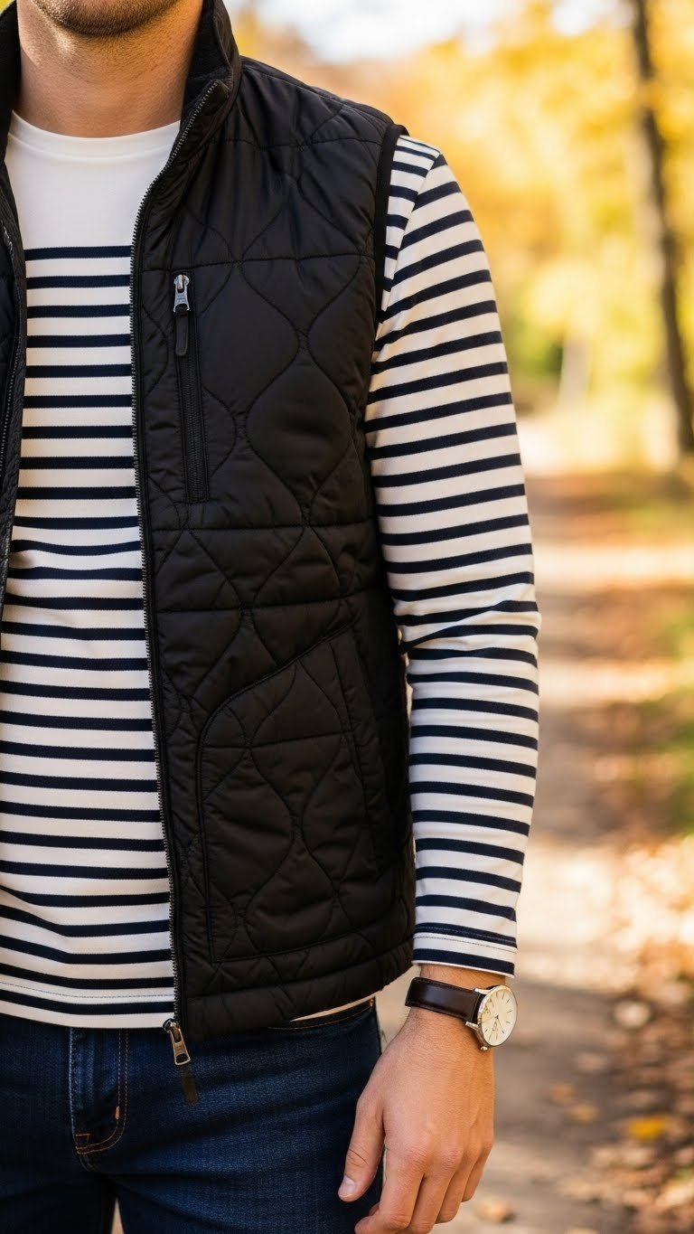 Practical outdoor layered outfit with black quilted vest over striped Breton top on autumn trail