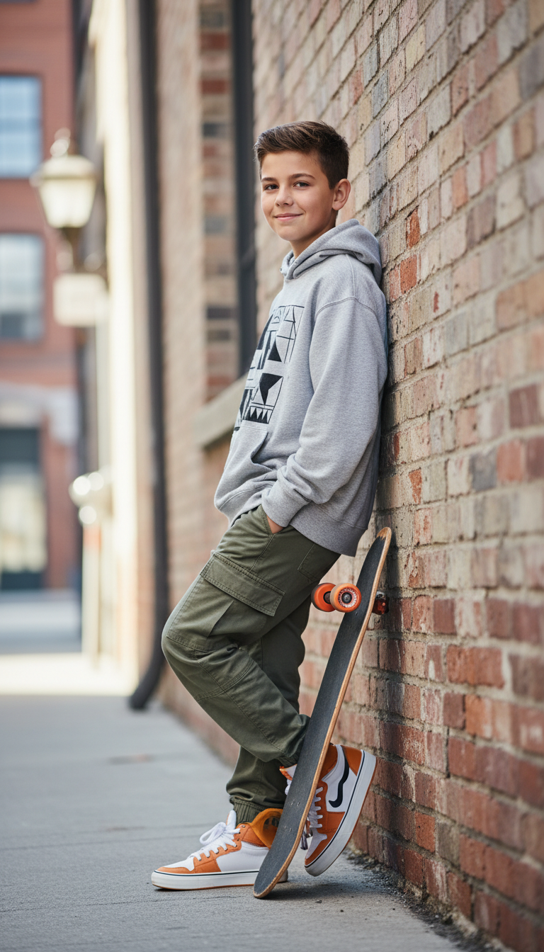 Pre-teen boy in stylish streetwear leaning against brick wall with skateboard nearby in urban setting