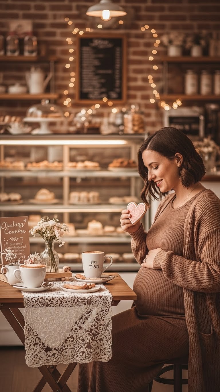 Pregnant woman at sweetheart cafe table with heart-shaped pastry in charming bakery maternity photoshoot