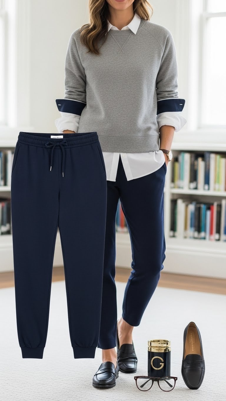 Preppy academic-inspired outfit with navy blue tapered joggers and layered white shirt under grey sweatshirt