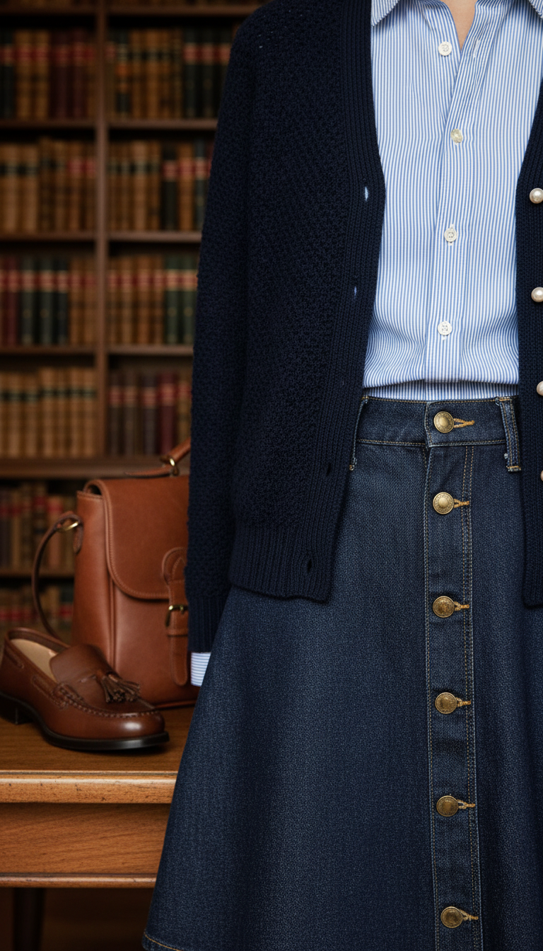 Preppy academic-inspired outfit with striped shirt, navy cardigan, and dark denim skirt in library setting