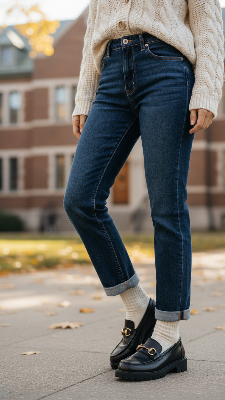 Preppy cream cable-knit cardigan with dark jeans and black leather loafers on academic campus background