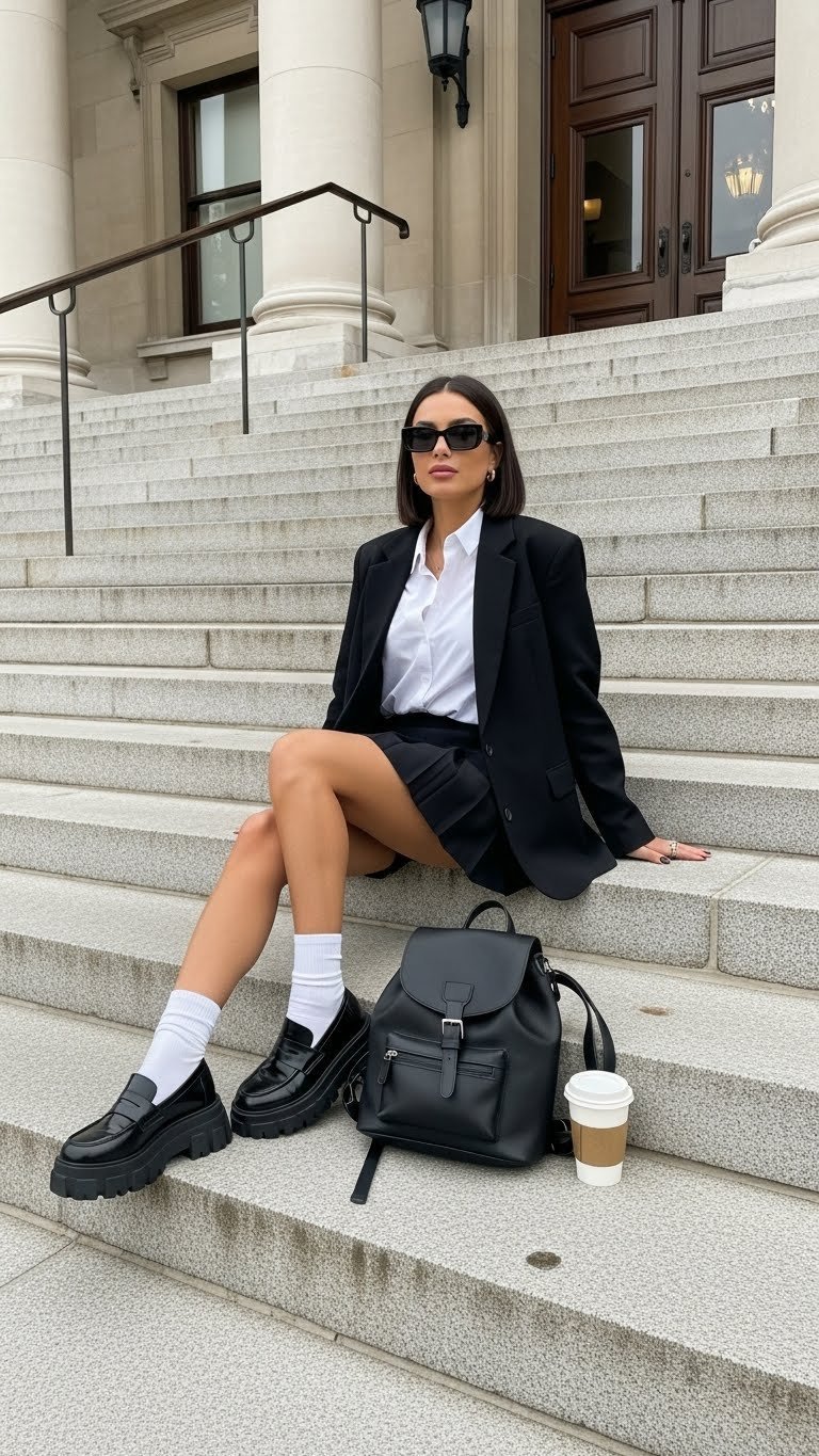 Preppy-meets-edgy outfit with black pleated skirt, white shirt, and blazer on university building steps