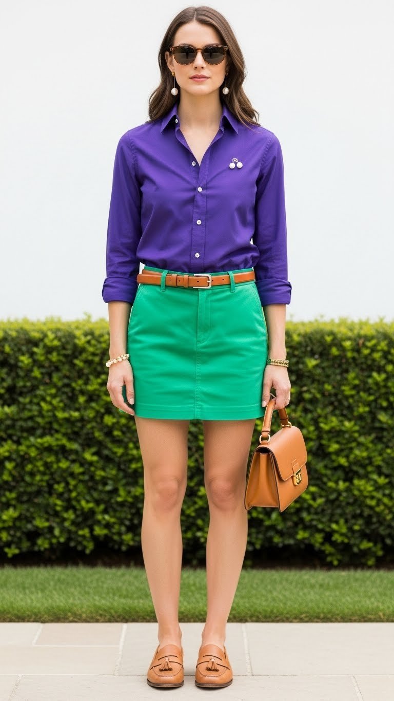 Preppy outfit with royal purple button-down shirt paired with kelly green shorts against minimalist background