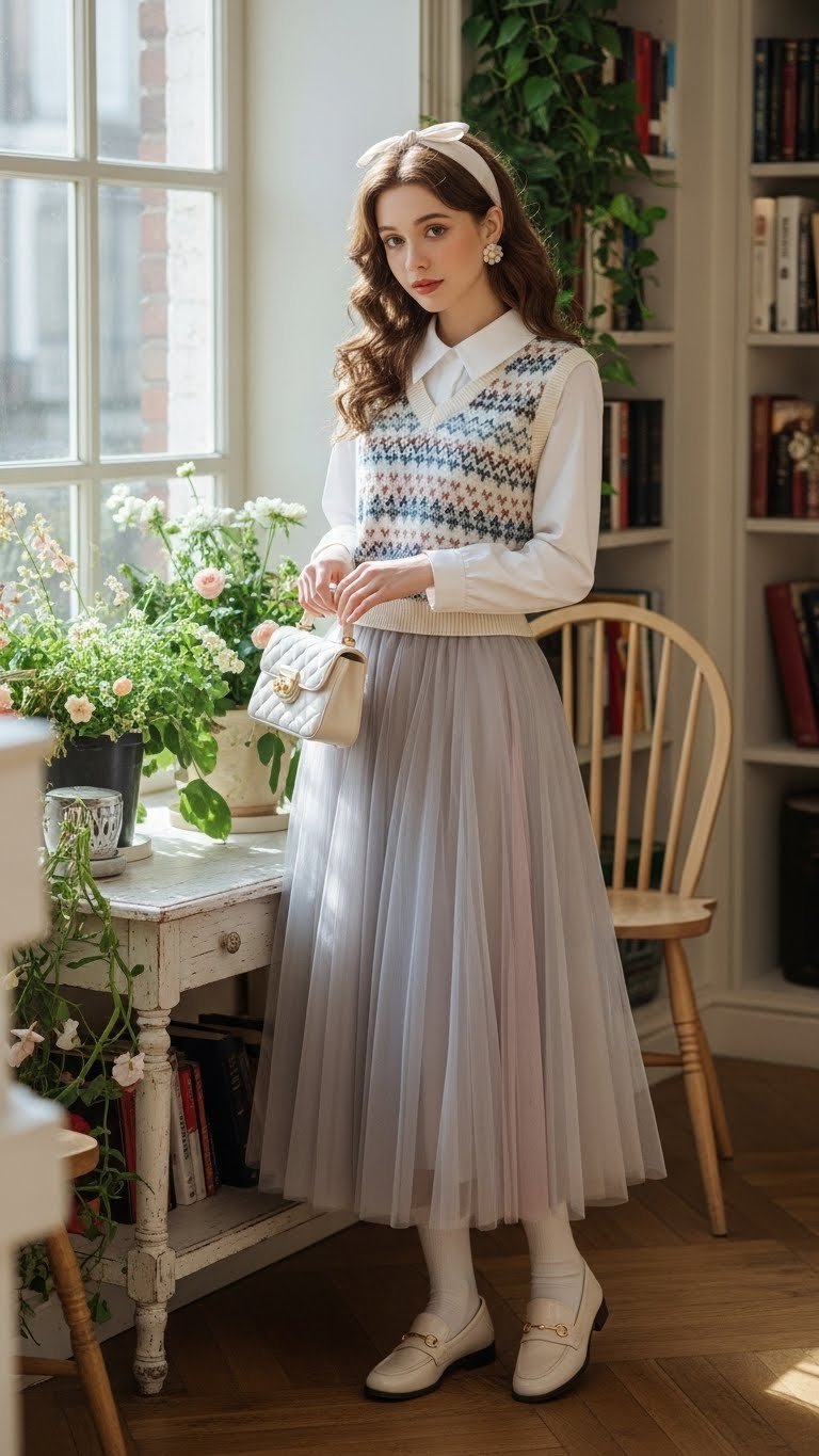 Preppy woman in tulle long skirt with sweater vest and loafers in charming library setting