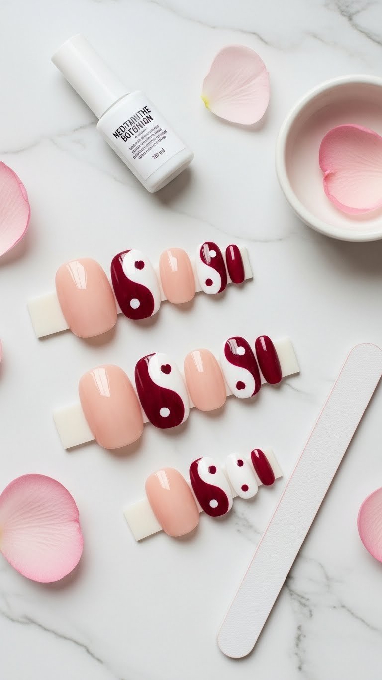 Press-on valentines nails yin yang set with burgundy and blush hearts arranged in flat lay display