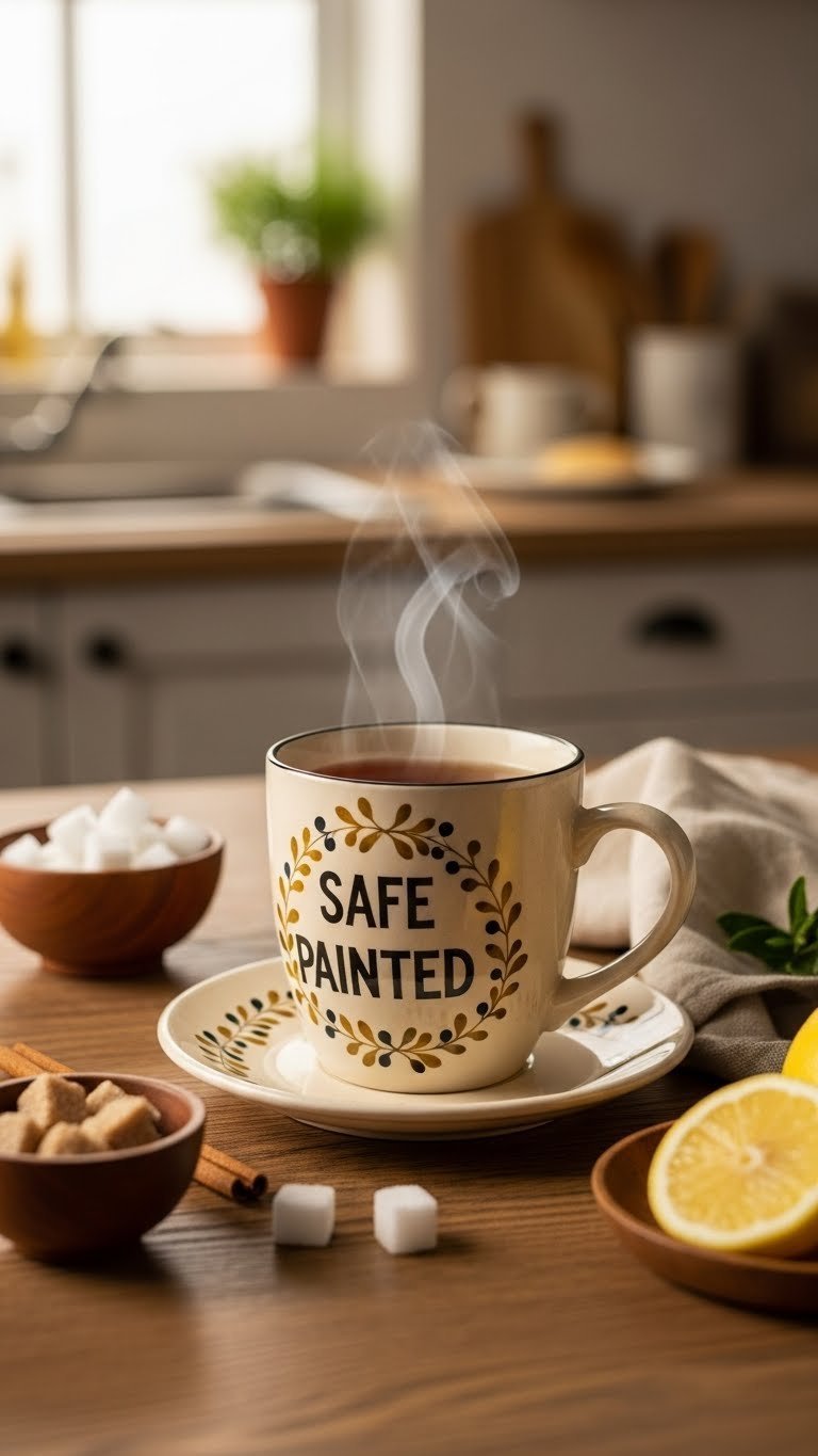 Pristine vintage hand painted mug holding steaming tea with warm golden light emphasizing cleanliness and safe use