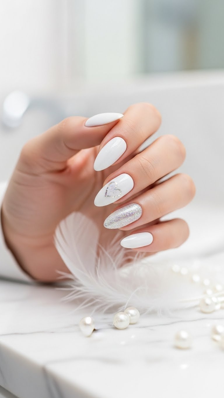 Pristine white chrome nails with glitter fade heart details sparkling softly against bright airy background