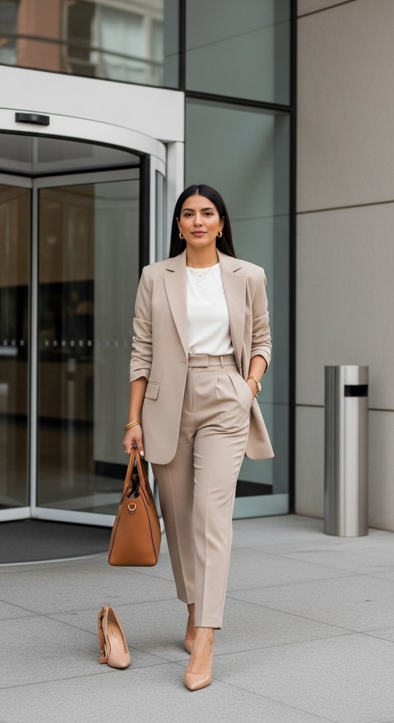Professional Latina woman in beige blazer and trousers confidently entering modern glass office building