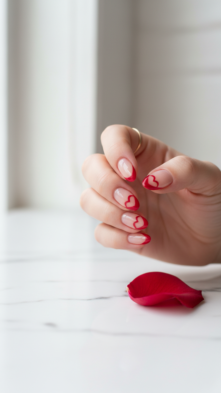Professional close-up of almond nails with nude base and bold red French tip heart designs on marble surface