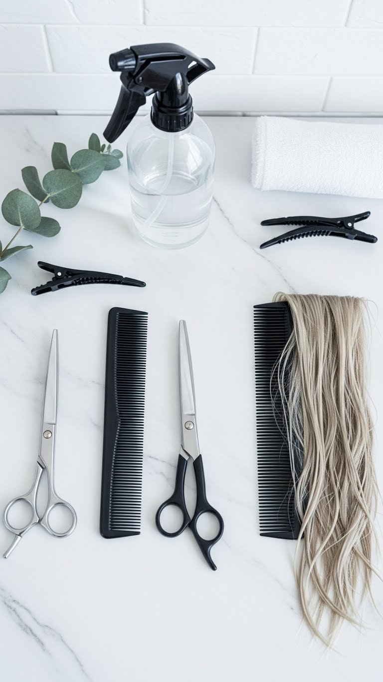 Professional hair cutting tools laid out on white marble countertop for butterfly haircut preparation