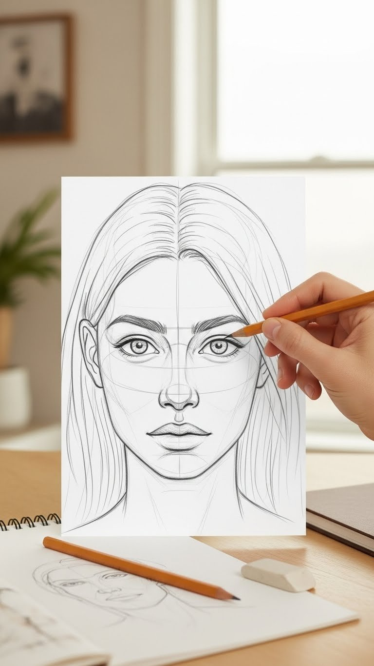 Professional hairstyles drawing reference showing human head with geometric hair forms and skull structure on art desk