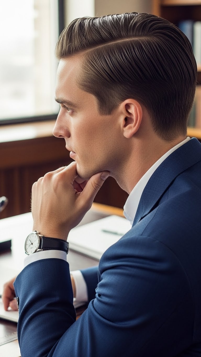 Professional man with classic side part hairstyle featuring crisp parting line in elegant office setting with bright daylight
