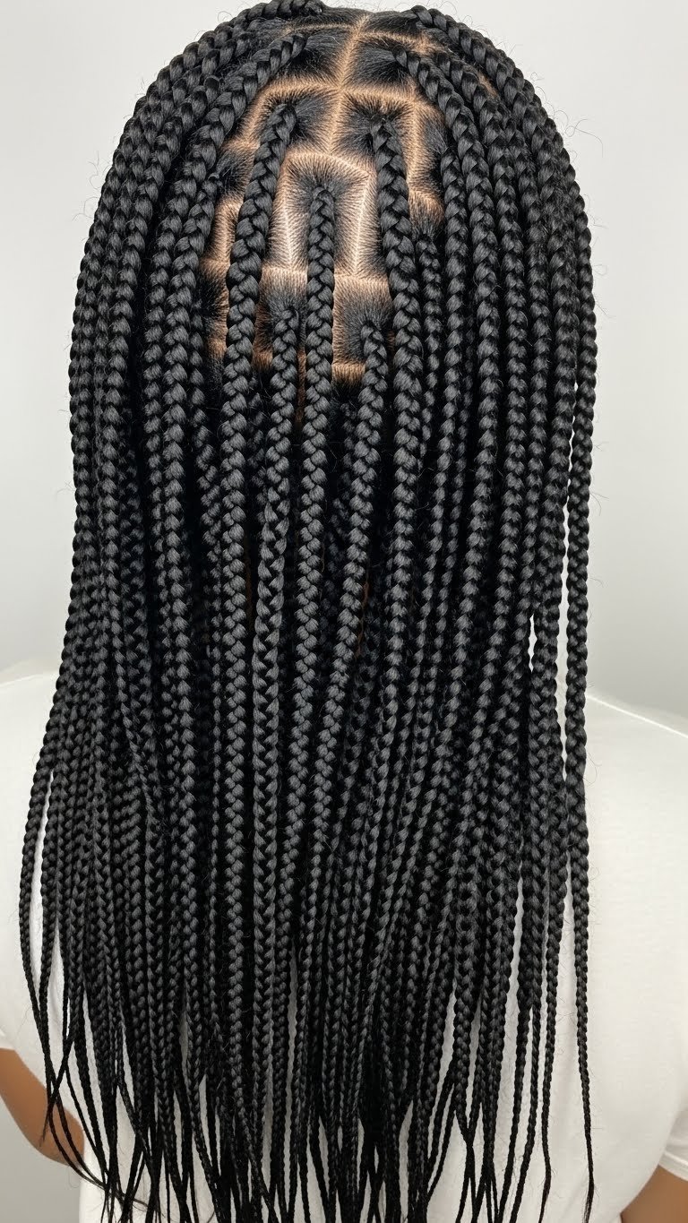 Professional photograph of waist-length box braids hairstyle with uniform square parts on natural black hair showcasing protective styling.