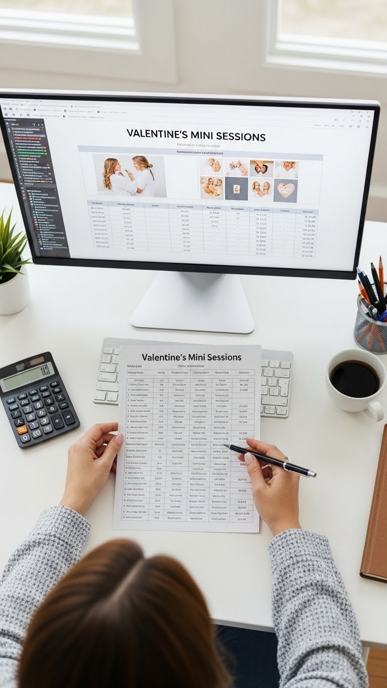 Professional photographer analyzing Valentine's mini session pricing spreadsheet on monitor with business strategy