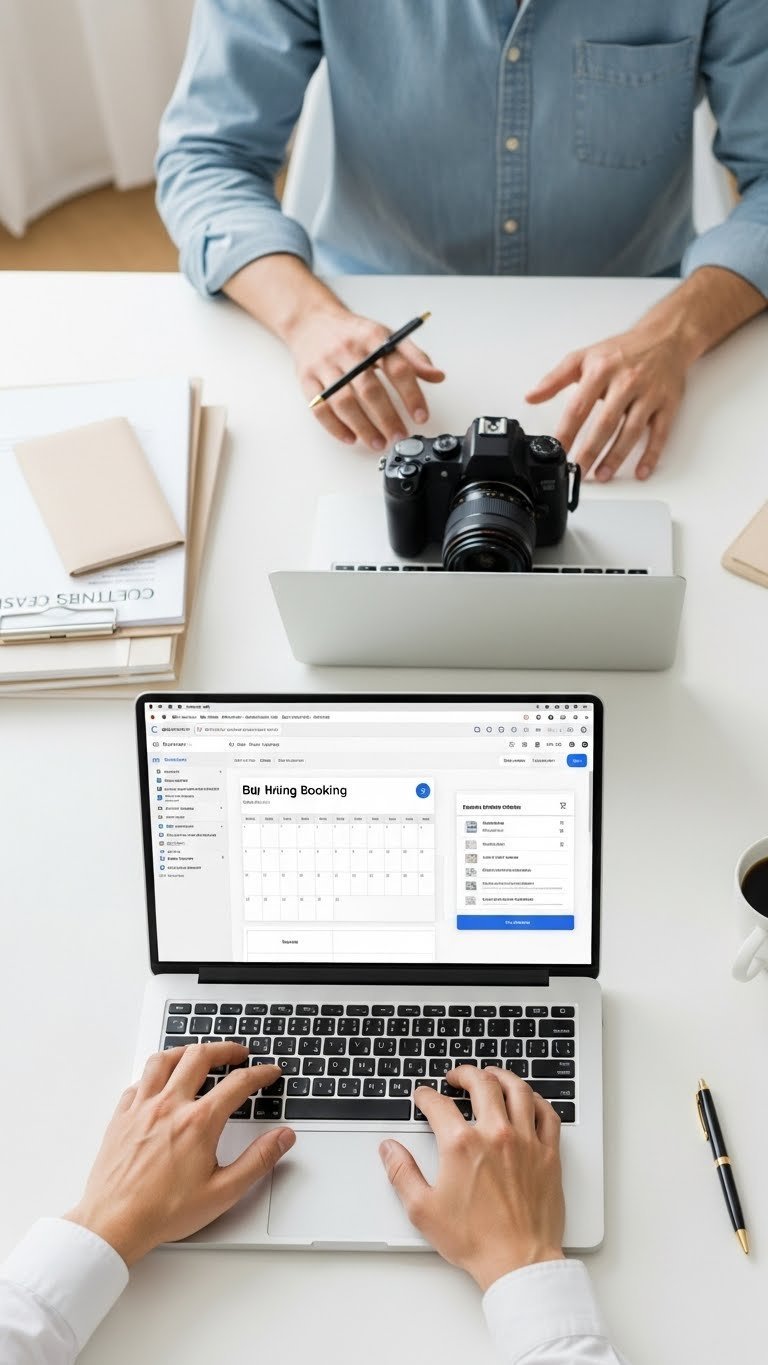 Professional photographer's hands managing online booking system on sleek laptop in minimalist workspace