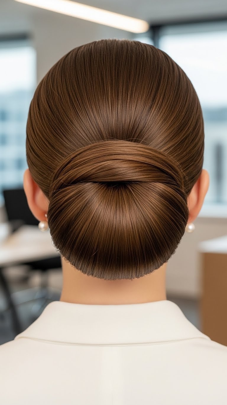 Professional sleek low bun hairstyle on medium length hair with smooth texture against soft bokeh office background