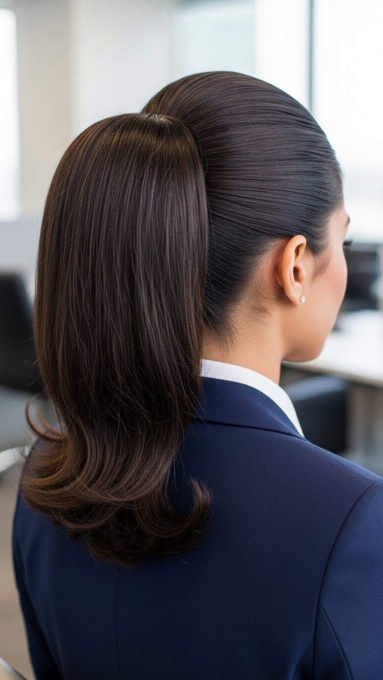 Professional sleek ponytail with subtle puff at crown on Indian medium length hair in office setting