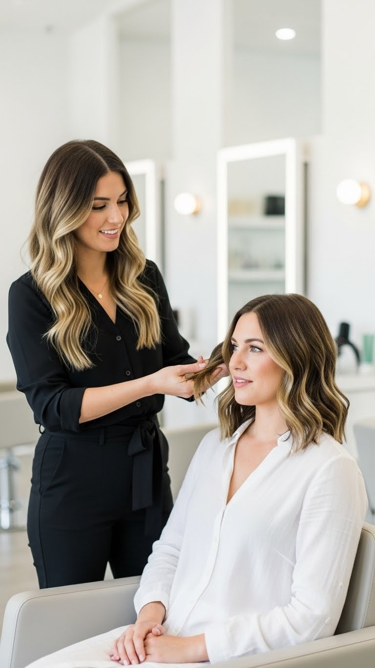 Professional stylist consultation showing expert guidance for butterfly haircut in modern salon