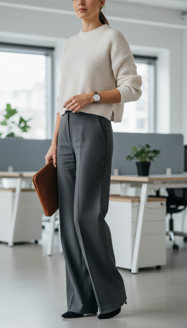 Professional woman in charcoal trousers and cream sweater in modern office workspace with laptop