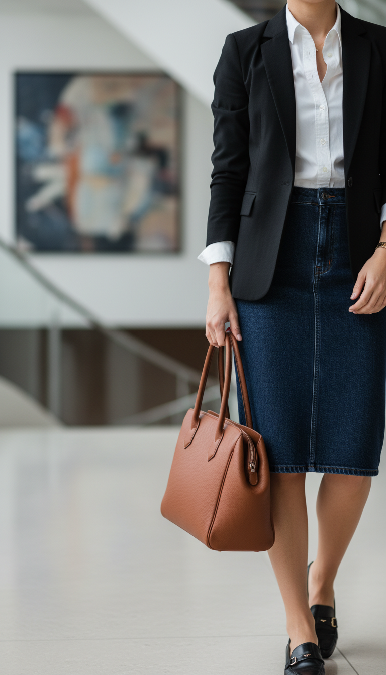 Professional woman in dark denim pencil skirt, white shirt, and black blazer holding leather tote in office lobby