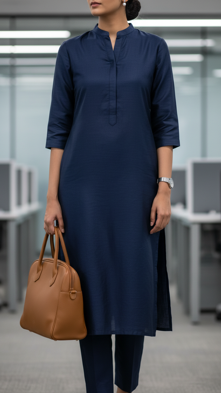 Professional woman in navy blue silk blend kurta and trousers with leather work tote in modern office environment