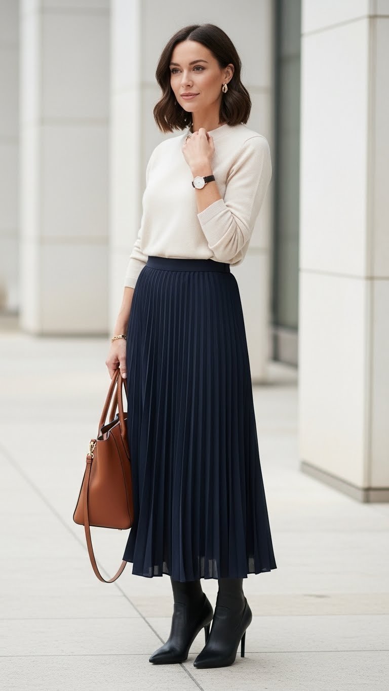 Professional woman in pleated long skirt with silk blouse and pointed-toe heels in modern office setting