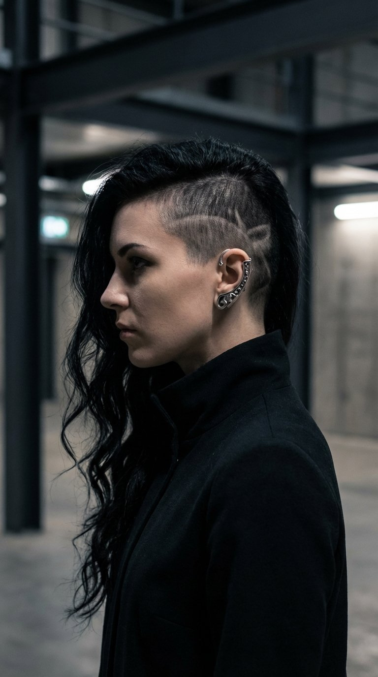 Profile shot of asymmetrical goth haircut with dramatic undercut against stark black background