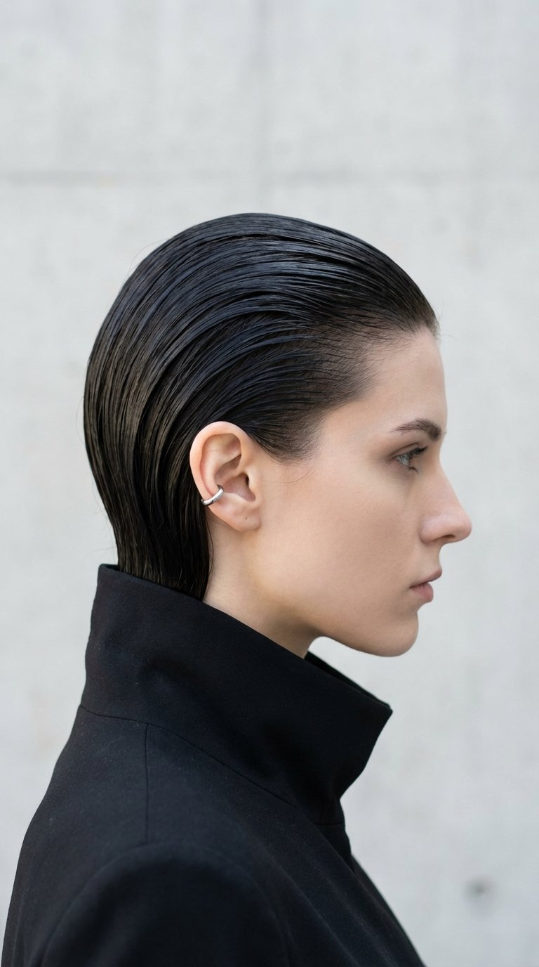 Profile shot of sleeked back goth hairstyle with glossy wet-look hair pulled tightly from face