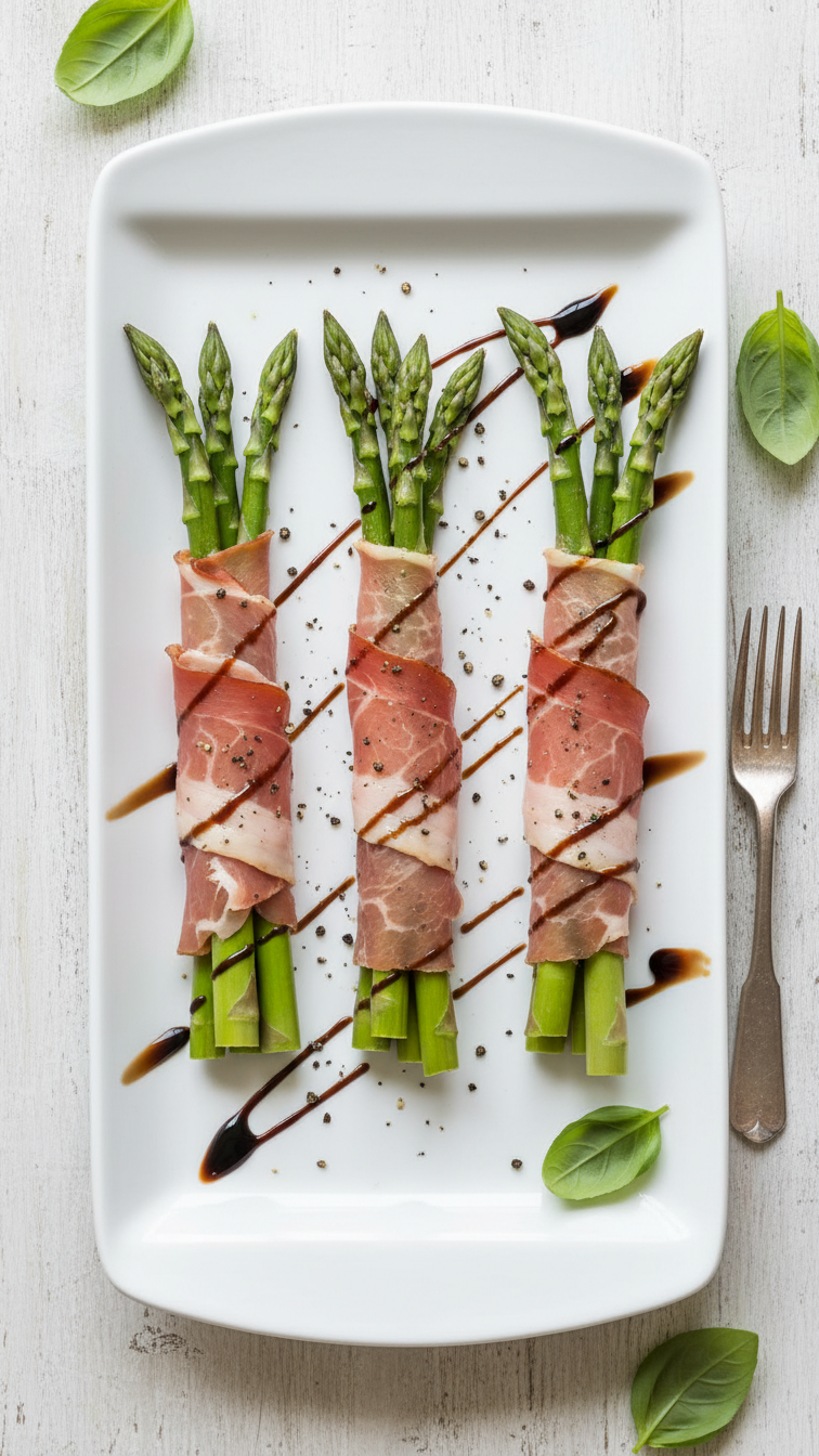 Prosciutto-wrapped asparagus spears with vibrant green asparagus and rosy cured ham
