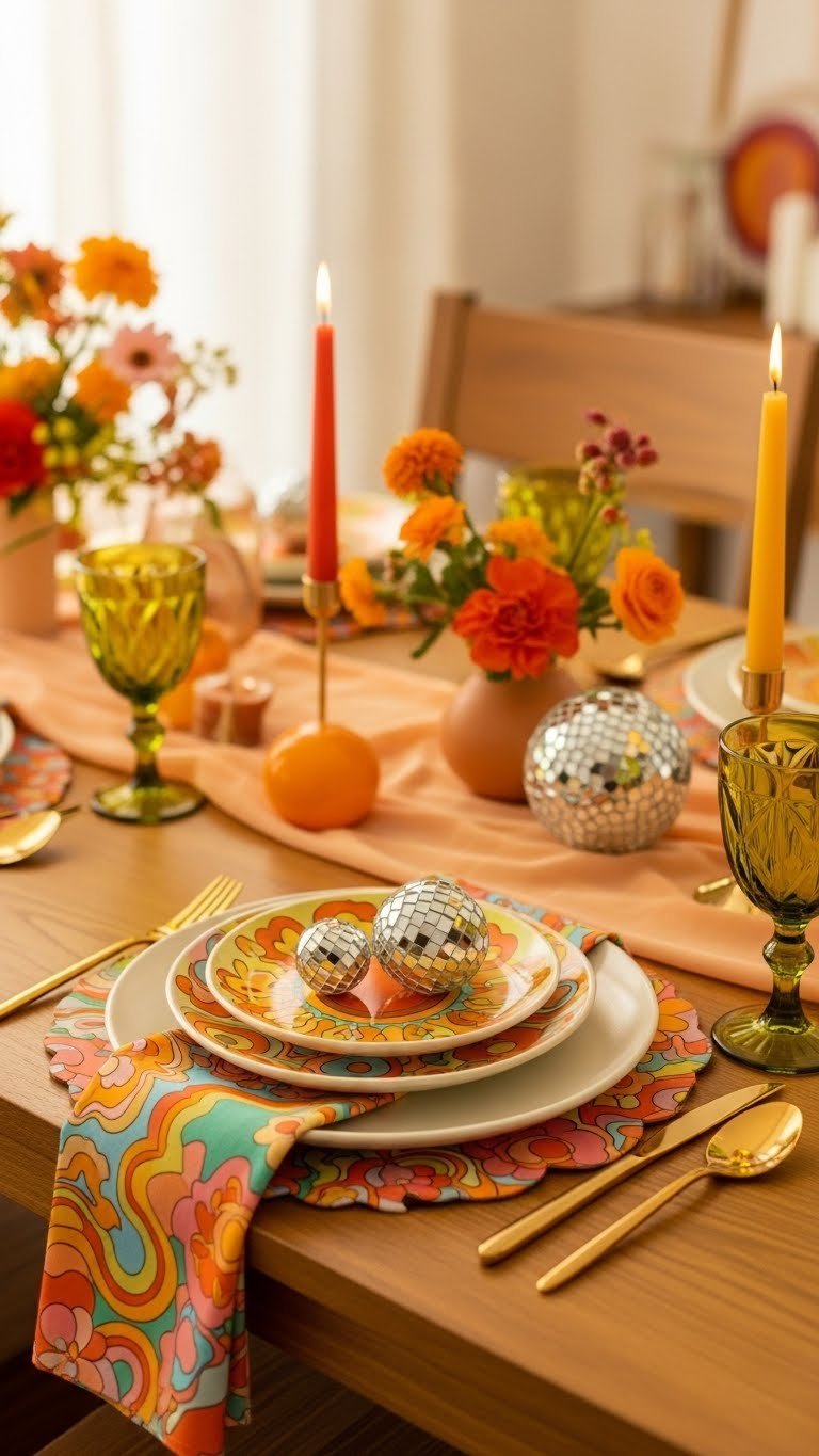 Psychedelic 70s Valentine's table setting with retro ceramic plates, groovy glassware, and colorful patterns for romantic dinner
