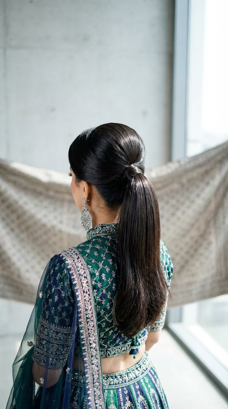 Puffed crown transitioning into sleek high ponytail for modern lehenga bridal hairstyle