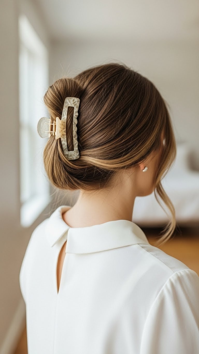 Quick clip half-updo hairstyle secured with stylish hair clip against minimalist interior