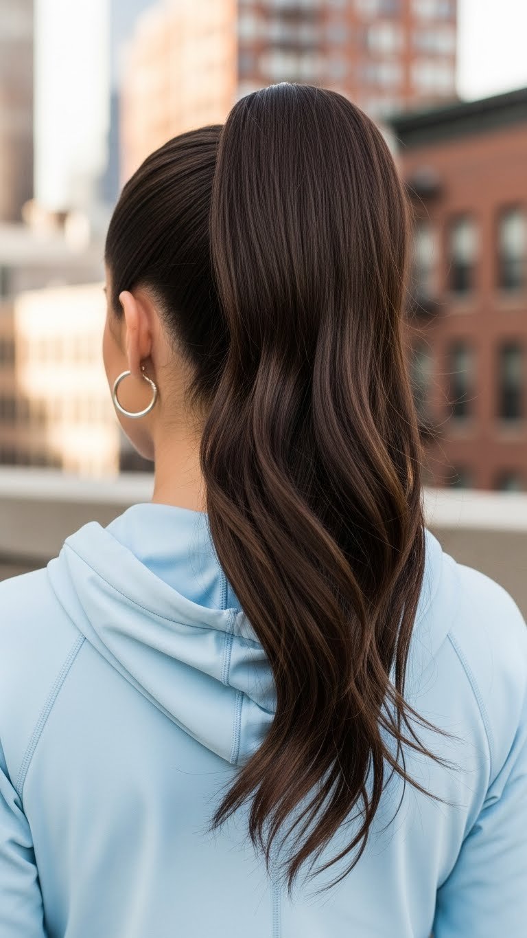 Quick high ponytail hairstyle on dark brown hair with bouncy lift and glossy finish against urban city backdrop