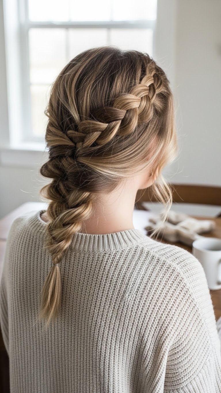Quick messy side braid hairstyle with face-framing layers in rustic setting with warm ambient lighting