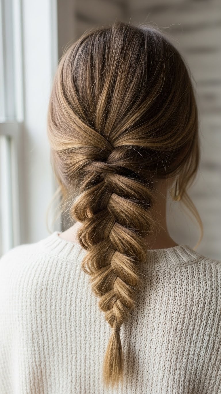 Quick side braid hairstyle on medium length hair falling over shoulder with loose texture in cozy indoor setting