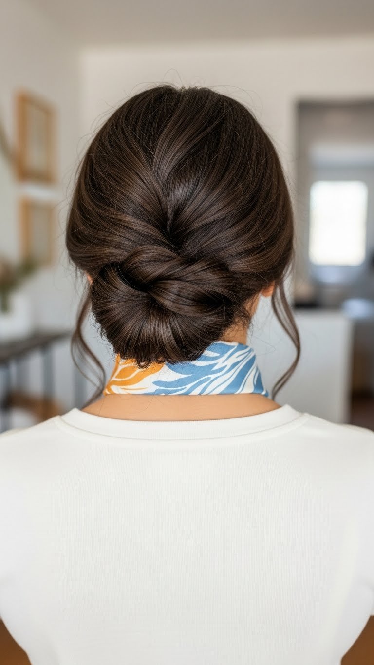 Quick twisted pin-up hairstyle on Indian medium length hair for casual elegant look in minimalist interior