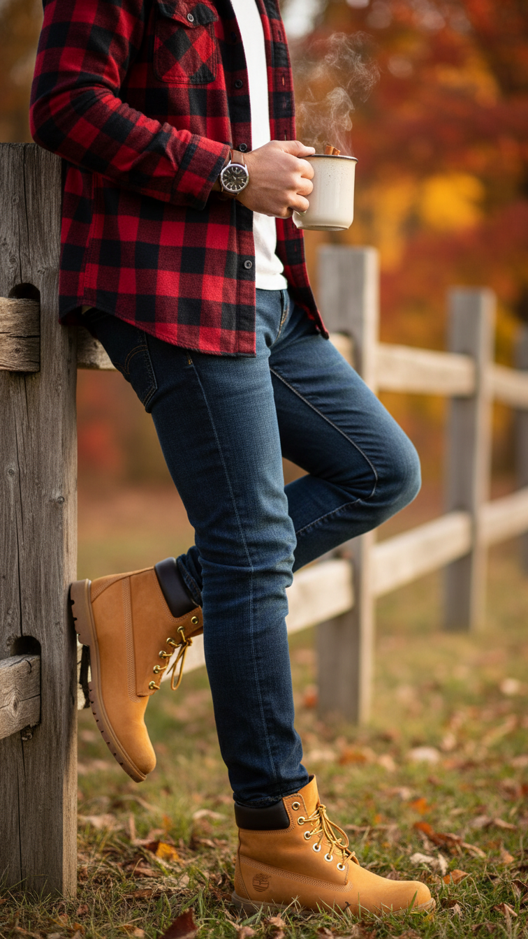Quintessential autumn outfit with wheat Timberland boots, dark slim jeans, and plaid flannel shirt in rustic setting