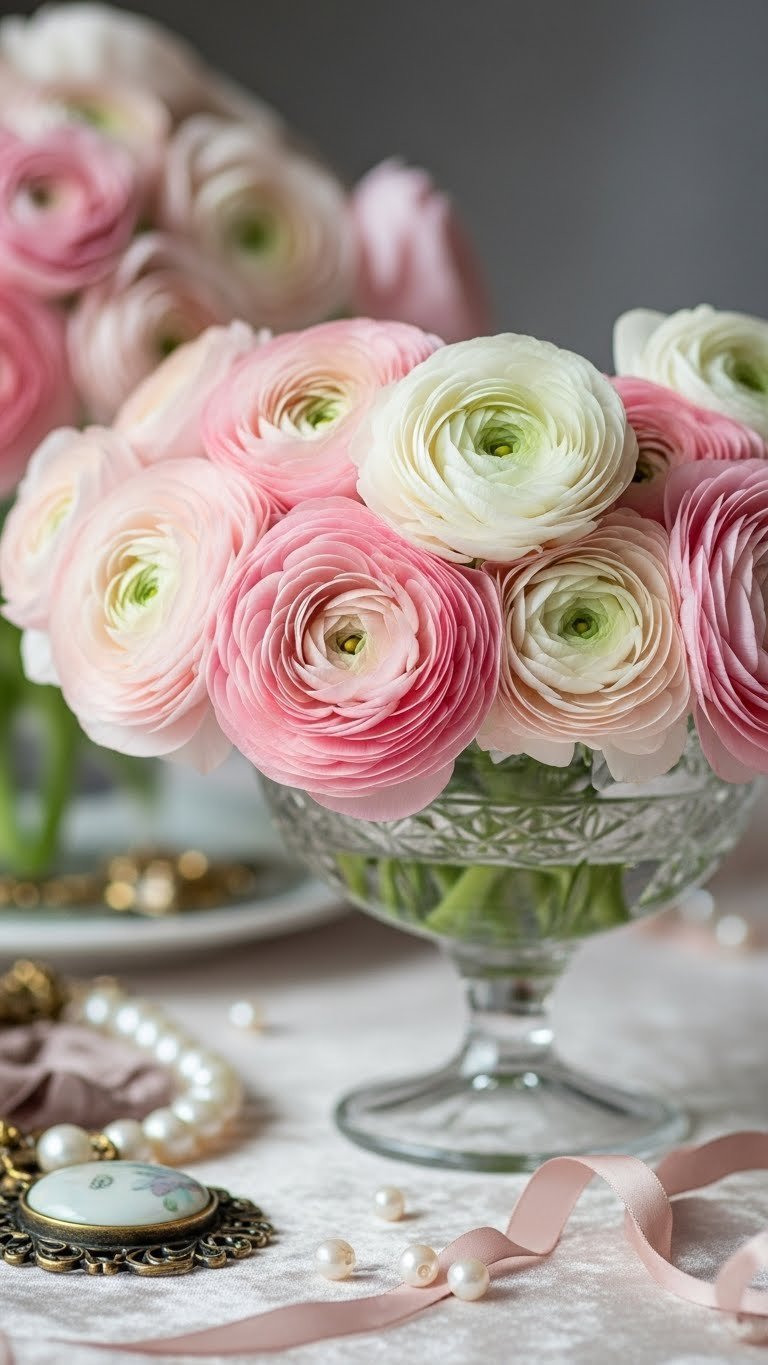 Radiant ranunculus bouquet in vintage glass bowl with soft window lighting