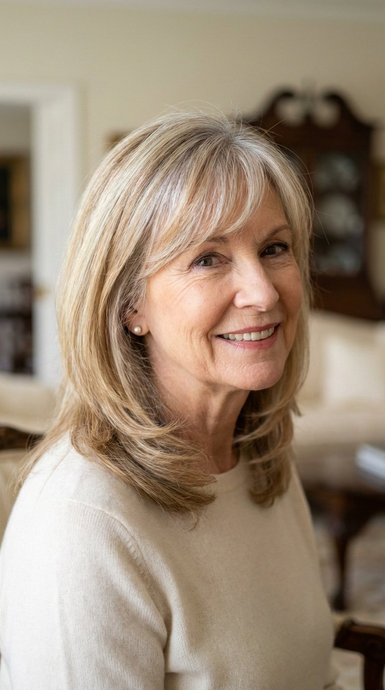 Radiant woman over 60 with soft side-swept bangs blending into face-framing layers in elegant indoor setting