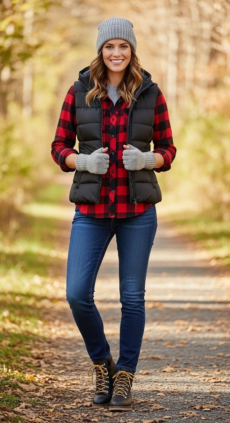 Red and black plaid flannel shirt under black puffer vest with dark jeans in wooded autumn setting