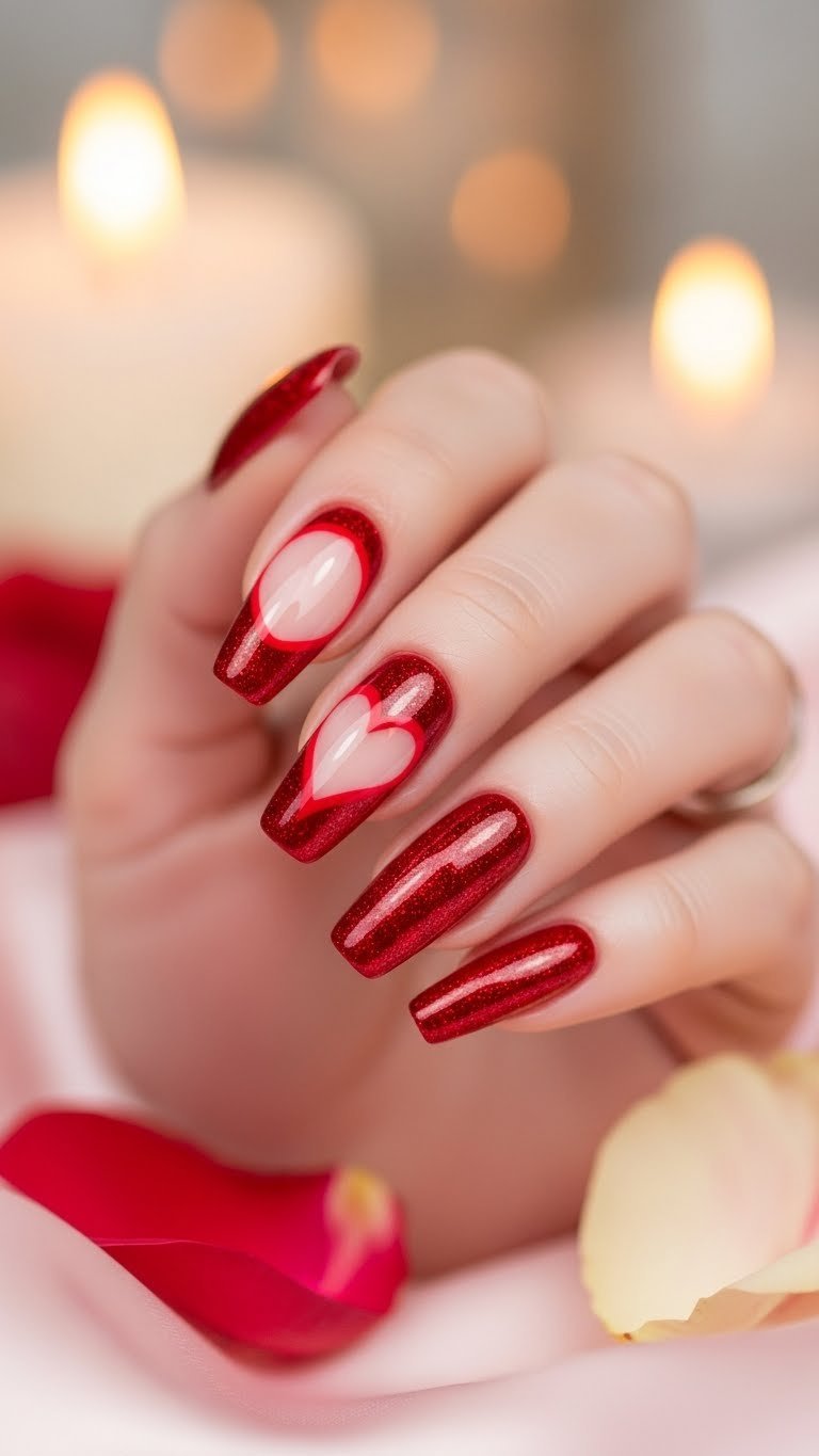 Red shimmer cat eye nail polish with magnetic heart design on pink satin fabric in romantic Valentine's nail close-up photography
