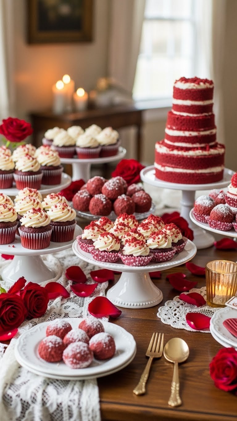 Red velvet cupcakes with cream cheese frosting arranged on vintage wooden table with rose petals and gold cutlery in soft natural light